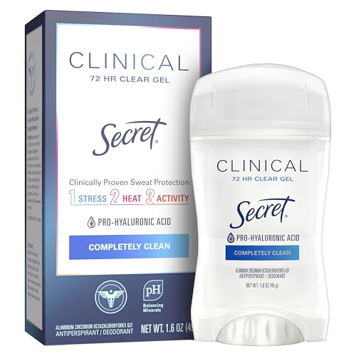 Secret Clinical Strength Antiperspirant Deodorant for Women, 3X Stress Protection, 72hr Sweat & Odor Protection, PH Balancing Minerals, Clear Gel, Completely Clean Scent, 1.6 oz