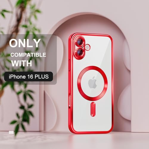 Image of Misea Magnetic for iPhone 16 Plus Case Compatible with MagSafe Red | [Never Yellowing] [Military Drop Protection] Full Camera Lens Protector Plating Soft Clear Phone Case for Women, Red