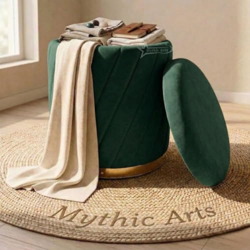 Image of Mythic ArtsRound Upholstered Sitting Stool & Footrest Velvet Storage Ottoman Pouffe13 X 13X 16 inch | Versatile Puffy for Living Room, Bedroom, and Office ? Chic Home Furnishings & Dcor Dark Green