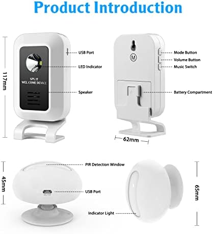 Motion Sensor Alarm Wireless Indoor Motion Detector Alarm with 32 Melodies 450ft Long Range PIR Motion Detector Alert for Home Security