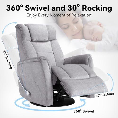 Image of Susalt Swivel Rocking Recliner, 360 Manual Comfy Nursery Glider Rocker Chair for for Adults, Upholstered Soft Fabric Reclining Chair with Lumbar Support for Living Room (Silver Grey)