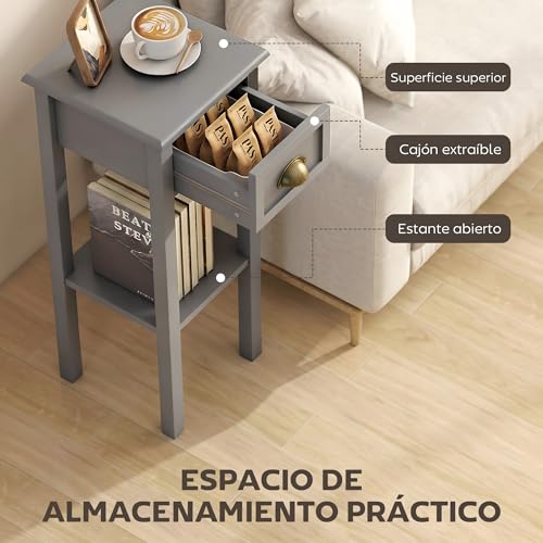 HOMCOM Mesa Auxiliar Moderno, Mesa Auxiliar para Sofá, con Cajón y Estante, Mesita de Noche para Salón, Dormitorio, 30x30x75 cm, Gris - imagen 4