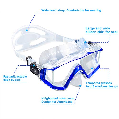 Image of Adult Pano 3 Scuba Diving Mask, Tempered Glass Snorkel Mask Anti-Fog Swim Mask No Leakage Swim Goggles with Nose Cover Snorkeling Gear for Snorkeling, Freediving, Swimming