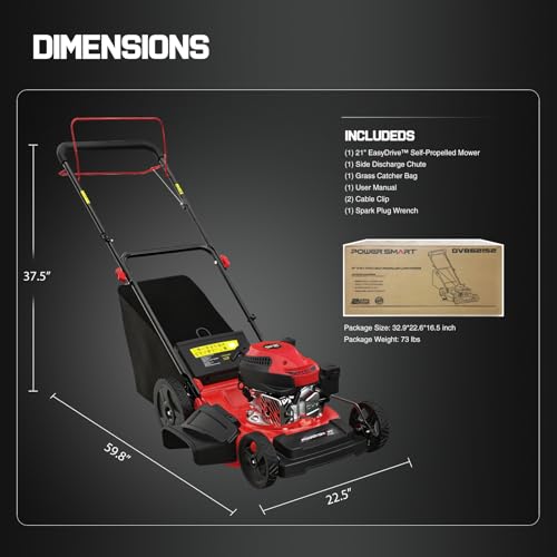 Image of PowerSmart Self Propelled Gas Lawn Mower 21-Inch with 170cc OHV Engine, RWD Single-Speed 3-in-1 with Bagging