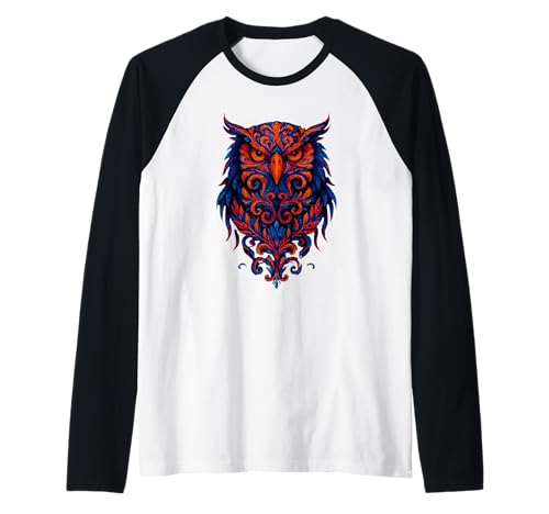 Gráfico Ornate Night Owl Art Colores Brillantes Amantes de la Vida Silvestre Camiseta Manga Raglan