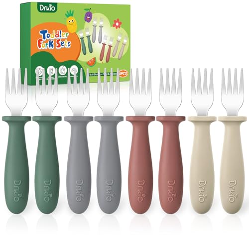 DRKIO 8 Pieces Toddler Forks Set - Baby Forks with Silicone Handle Children safe 18/8 Stainless Steel Toddler Utensils Set for Self Feeding Kids Silverware Anti-Choke Design Food Grade Dishwasher Safe