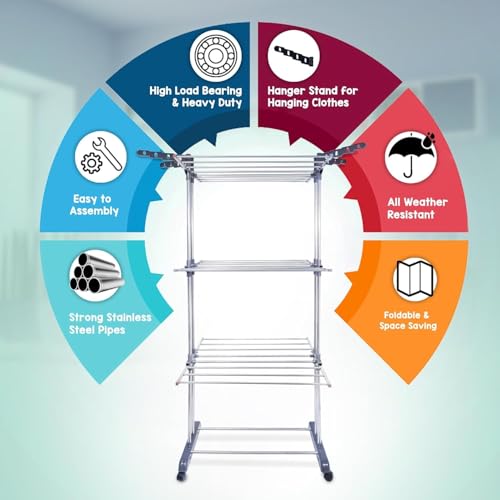 Image of Clothes Drying Stand Foldable Stainless Steel for Home, Heavy Duty Cloth Dryer Stand for Balcony, Laundry Drying Rack for Clothes, Rust Proof Indoor Outdoor Drying Stand, 42x15x68 cm