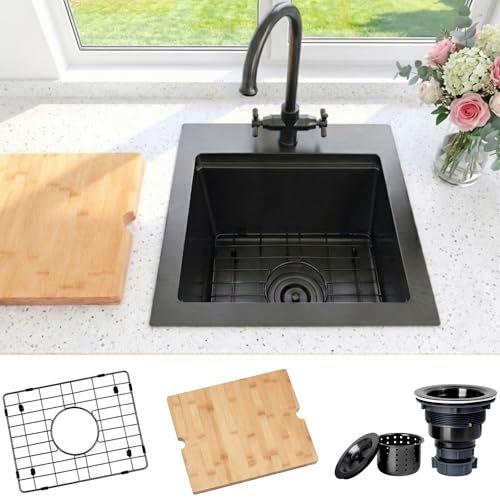 Image of Black Bar Sink 17 inch X 17 inch,Drop In /Top Mount Bar & Prep Sinks,16 Gauge Stainless Steel Small Bar Sink /RV Sink /Camping Van Sink (Black, 17 X 17 inch)