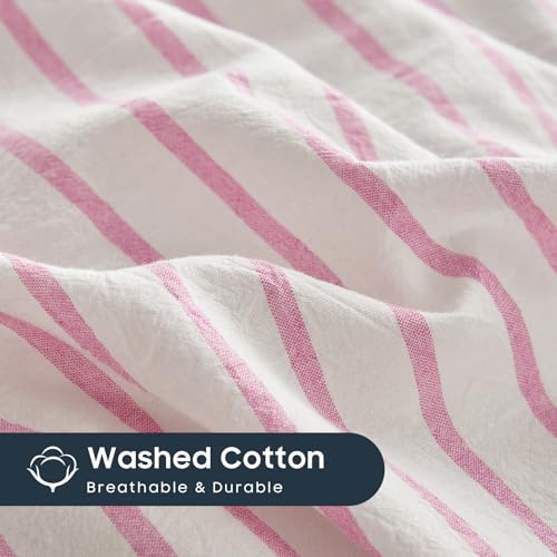 Image of Wake In Cloud - Striped Cotton Duvet Cover Set, Ticking Stripe Vertical Pinstripe Farmhouse, 100% Washed Cotton Textured Bedding Set, 3 Pieces, Pink White, Full Size