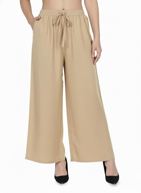 Bonkers Corner Palazzo Pants for Women Viscose Rayon Flared Wide Leg Palazzos with Two Deep Pockets Formal Casual Ethnic Use in neutral