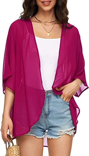 Image of Indian Trendy Women's Solid Puff Sleeve Kimono Cardigan Loose Cover Up Casual Blouse Top Chiffon
