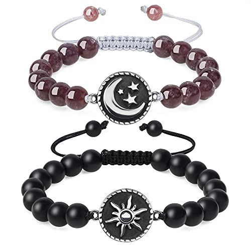 COAI Coppia di Bracciali della Distanza per Lui e per Lei in Onice Opaco e Lepidolite con Amuleto Sole Luna
