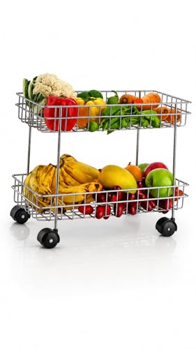 Image of Stainless Steel Kitchen Storage Trolley, 2 Layer, Folding Perforated Design, with Wheels, for Spice, Fruits and Vegetable Organiser (2 Tire Trolly)