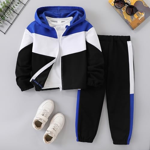 Image of Boys Clothes 2pcs Tween Boy Color Block Hoodie + Pants Little Boys Fall Winter Outfits Set, 4-12 Years