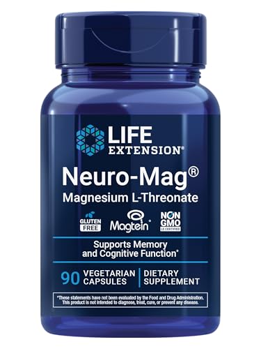 Life Extension Neuro-Mag Magnesium L-Threonate, Memory Health, Quick Thinking, Cognitive Health Support, Vegetarian, Non-GMO, 90 Vegetarian Capsules (144 mg from 2000 mg Magtein magnesium L-threonate