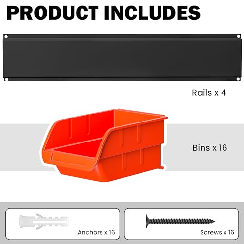 Wall-Mounted-Storage-Bins-Plastic-Hanging-Storage-Organizer-Bins-Garage-Tool-Storage-System-for-Screws-Nuts-Bolts-Nails-and-Small-Hardware-Parts-16x-bins-4-x-Rails-Orange