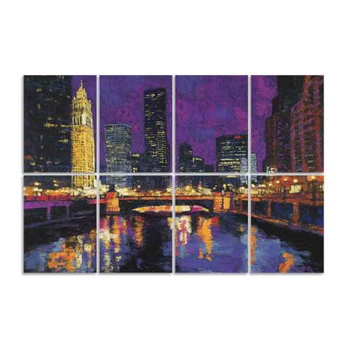 8 Pack Art Acoustic Panels Sound Absorbing Chicago Skyline Downtown Night River Reflection Sky Bridges Decorative Soundproof Wall Panels Self Adhesive for Recording Studios Office 48