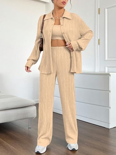 Image of Shasmi Women's 3-Piece Co-ord Set - Solid Button Front Shirt, Strapless Tube Top & Wide Leg Pants | Casual Loose Fit Western Outfit for Daily Spring /Fall Wear (Co-Ord-208)