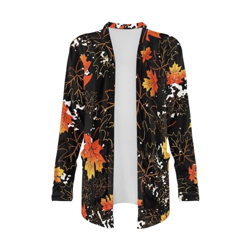 Image of Fall Maple Leaf Cardigan Sweaters for Women Long Sleeve Cardigan Soft Drape Open Front Dusters V-Neck Jackets Dressy