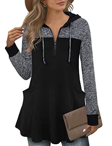 Vivilli Tunic Sweatshirts For Women,Womens Sweatshirts And Hoodies Drawstring Dress Hoody Long Sweater Zip Up Workout Womens Thin Hoodies Casual Blouses Sweatshirts For Women Multi Black_2 Large #TOP8