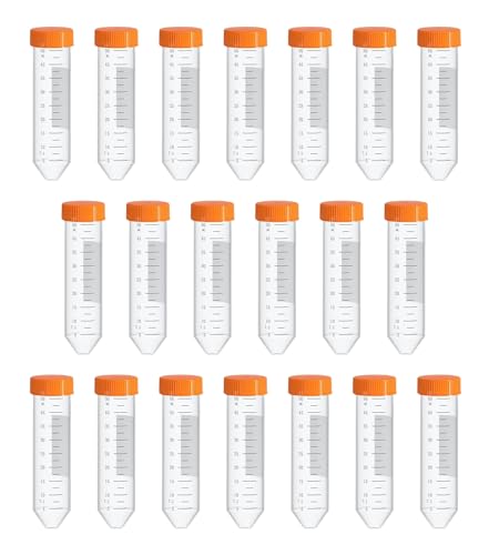 HUAZIZ 20 Piezas 50 ml tubo de ensayo, plástico, tubo transparente con orange tapa tubo centrífugo graduado, marcas cónicas para experimentos de química tubo