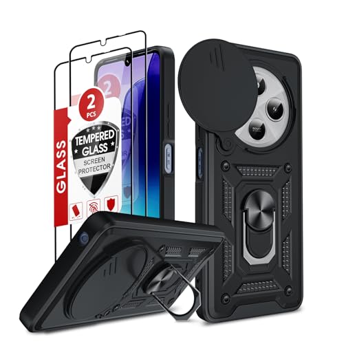 LeYi Funda para Xiaomi Redmi 14C/14 C 4G/Xiaomi Poco C75 con [2-Unidades] Cristal Vidrio Templado, Carcasa Cubierta de cámara Deslizante Proteger Anillo Soporte Silicona TPU Armor Bumper Case, Negro