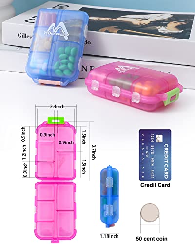 2 Pack Couple Travel Pill Case For Purse, 10 Compartments, Portable Small 7-Day Weekly Travel Pill Organizer Portable Pocket Pill Box Dispenser Pill Holders For Traveling (Blue + Light Red) #TOP2