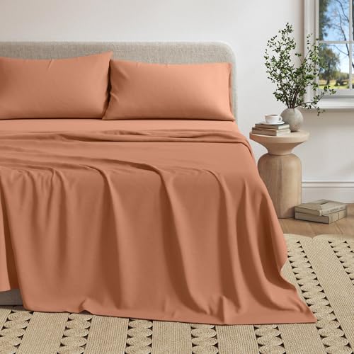 Image of Great Bay Home Cotton Jersey Knit King Sheet Set - Ultra-Soft, Stretchy, Heathered Melange Bed Sheets - Cozy, Soft T-Shirt Sheet & Pillowcase Set (Terracotta)
