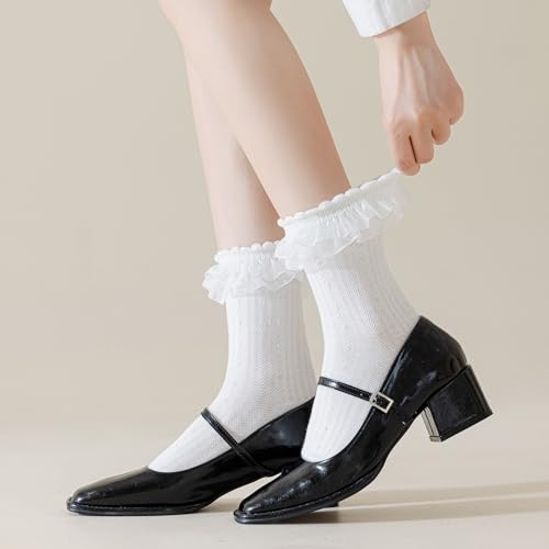 BIVOLU Womens Crew Socks Lace Ruffle Frilly Cotton Cute Princess Ankle Dress Socks for Girl 4 Pack2