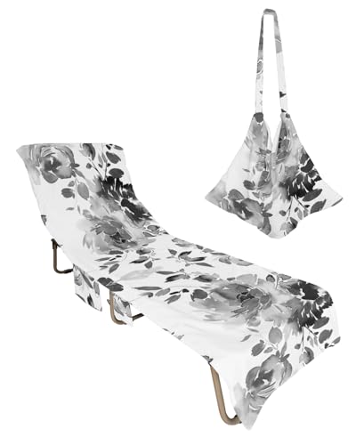 Black Grey Botanical Beach Lounge Chair Towel Cover, Soft Chaise Lounge Towel with Side Pockets Patio Pool Chairs Cover for Beach/Pool Sunbathing 29x85 Watercolor Spring Floral Abstract Art