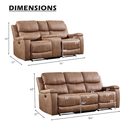 Image of CANMOV Faux Leather Manual Recliner Sofa Set, Manual Reclining Sofa and Recliner Loveseat with Center Console, Hidden Storage and Cup Holders for Living Room,Bedroom Furniture,Nut Brown