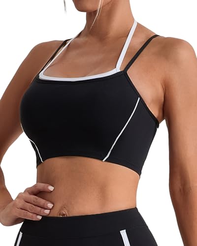 Sujetador deportivo de fuerte impacto color block, doble capa, correas espaguetis, sujetador de yoga halter, Negro Gratis, M