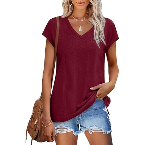 XIEERDUO Summer Tunic for Women Short Sleeve V Neck Tops Dressy Casual Outfits Trendy Eyelet Burgundy XL Cover