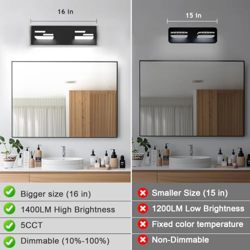Image of LED Modern Bathroom Vanity Light Fixtures, Dimmable Matte Black Vanity Lights for Bathroom Lighting Fixtures Over Mirror, with 360 Rotatable Acrylic Heads 2-Light 16-inch 5CCT