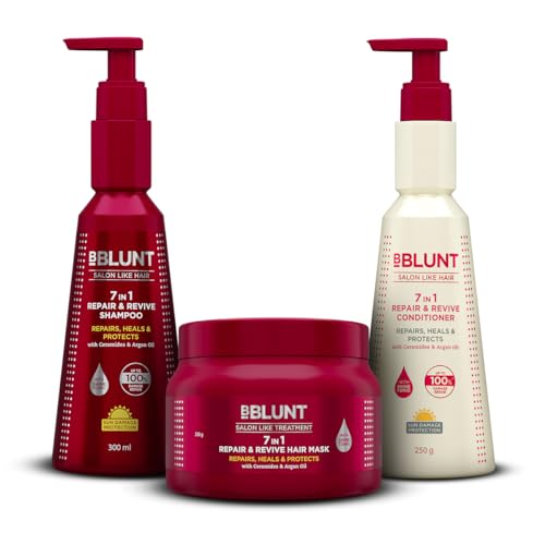 Image of BBlunt 7 in 1 Repair & Revive Hair Combo | Shampoo + Conditioner + Hair Mask | Adresses 7 Signs of Hair Damage | Enriched with Ceramides & Argan Oil | For Men & Women | 300 ml + 250 g + 250 g