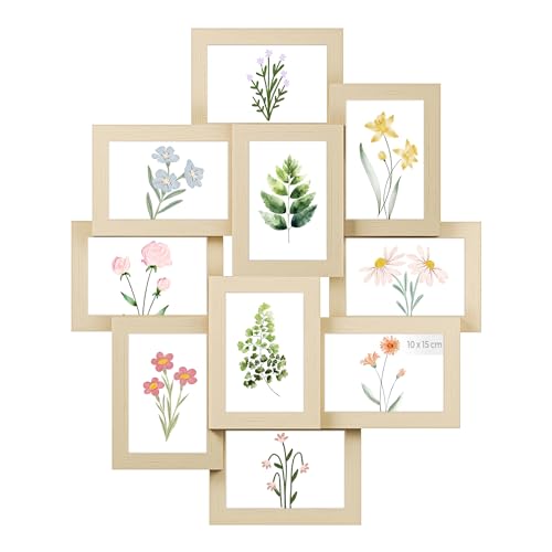 SONGMICS Cadres Pêle-Mêle, 10 Cadres pour Photos 10x15 cm, Galerie Photo Murale, Décoration Murale, Beige Naturel RPF020N01