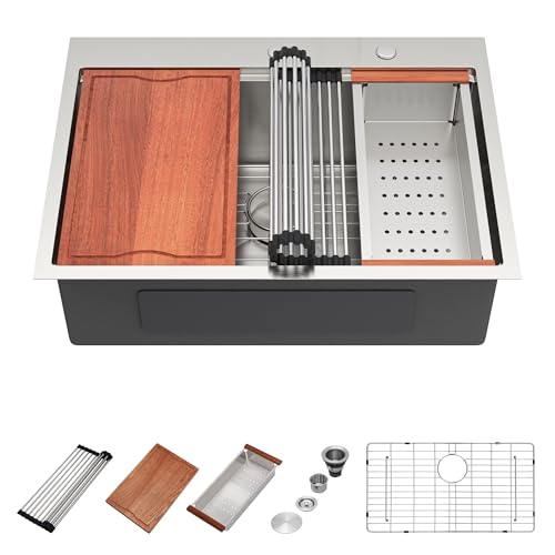 Donsdey 28 Inch Topmount Kitchen Sink Workstation 16 Gauge Stainless Steel 28x22 Drop In Single Bowl Kitchen Sink Large Capacity Noise Reduction Quick Drainage Multi-functional Accessories Included