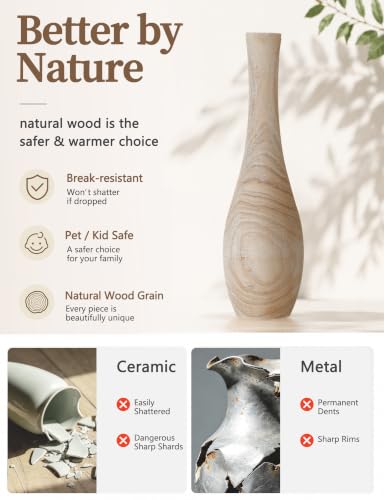 Image of Hanobe 22 inch Tall Wood Floor Vase for Pampas Grass, Boho Farmhouse Style