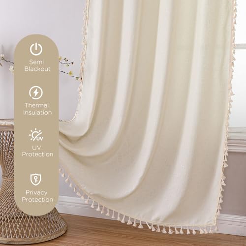Image of Joydeco Linen Beige Boho Curtains 63 Inch, 2 Panels with Tassels | Super Soft Farmhouse Drapes, Semi Sheer Light Filtering, Natural Look for Bedroom Living Room, Modern Boho Decor