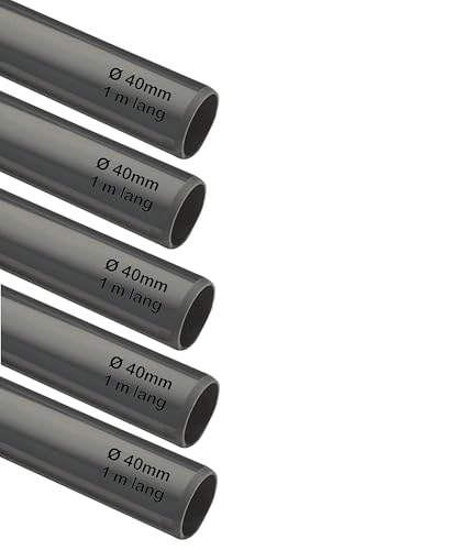 5 x PVC Rohr Ø 40mm, 1m lang Kleberohr grau für Wasser und Abwasser z.B. Abfluß Waschmaschine