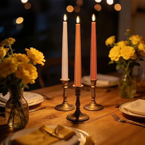 Image of Flameless Taper Candles with Remote, 9.6 inch Battery Operated Flickering LED Candlesticks, Real Wax Warm Earth Tone Taper Candles for Wedding Centerpieces, Dinner Table, Mantel, Window, 3 Pack