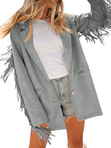 Veste décontractée en daim synthétique à franges et manches longues pour femme