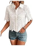 SweatyRocks Women's Short Sleeve Button Down Collared Blouses Embroidery Eyelet Top White Medium