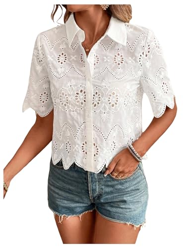 SweatyRocks Women's Short Sleeve Button Down Collared Blouses Embroidery Eyelet Top White Medium