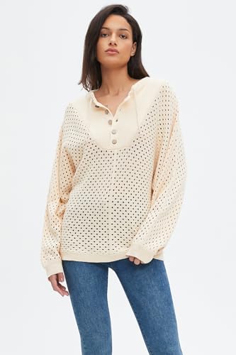 Image of EZAPINE Women's Oversized Crochet Sweater Pullover Drawstring Long Sleeve Button Hollow Out Knit Crochet Top Blouses