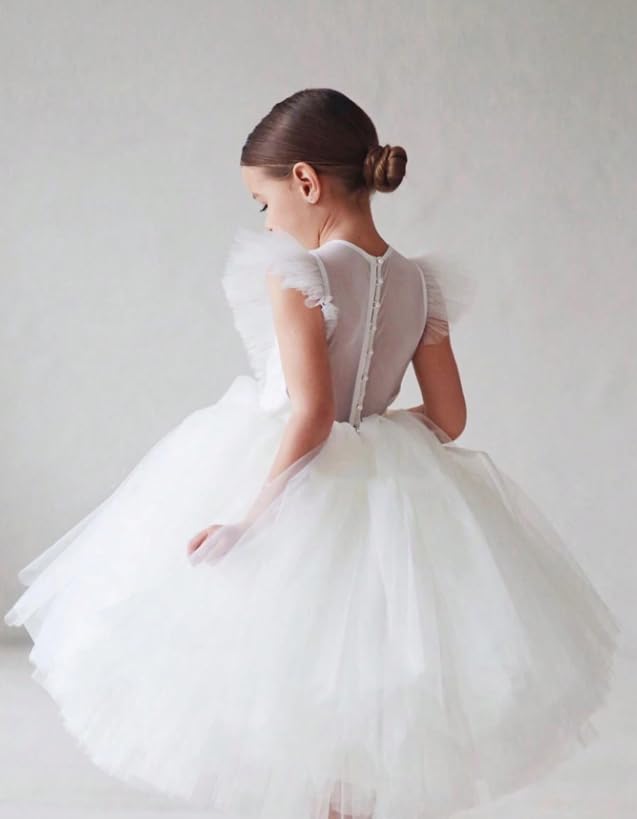 Girls Ruffled Sleeve Mesh Dress Fancy Tulle Casual Pageant Homecoming Party Dresses2