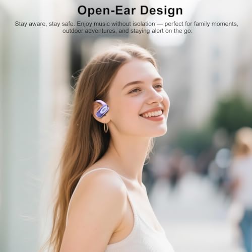 Image of Open Ear Headphones, Bluetooth 5.4 Earbuds, 50H, Air Conduction Ear buds, HD Stereo Bass Over Ear Earphones with Earhooks, Ultra-Comfort Secure, IPX7 Waterproof Headset for Working Sports, Purple
