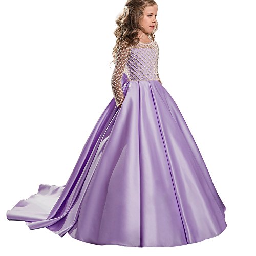 Christmas Flower Girl Dress Floor Length Button Draped Tulle Ball Gowns for Kids (12, Purple)
