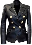 Trending Fashion Kim Kardashian Black Double Breasted Slim Fit Real Leather Jacket Blazer for Womens (Real Leather Coat, M)