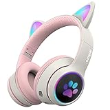 Mokata Gaming Bluetooth 5.0 Wireless Headphones Over Ear Cat LED Light Foldable Music Headset with AUX 3.5mm Microphone for Adult & Kids PC TV Game Music Pad Laptop Cellphone B12 Beige White